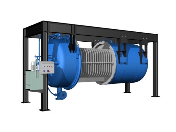 Horizontal pressure leaf filter with an overhead suspension frame.