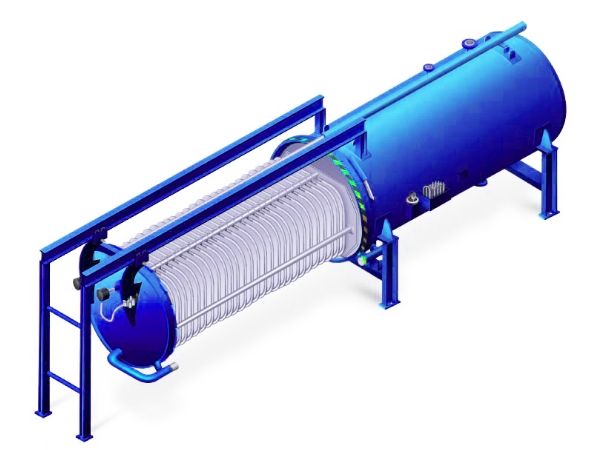 Horizontal pressure leaf filter with a retractable shell.