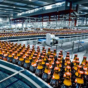 Innumerables botellas de jugo se colocan en la línea de producción.